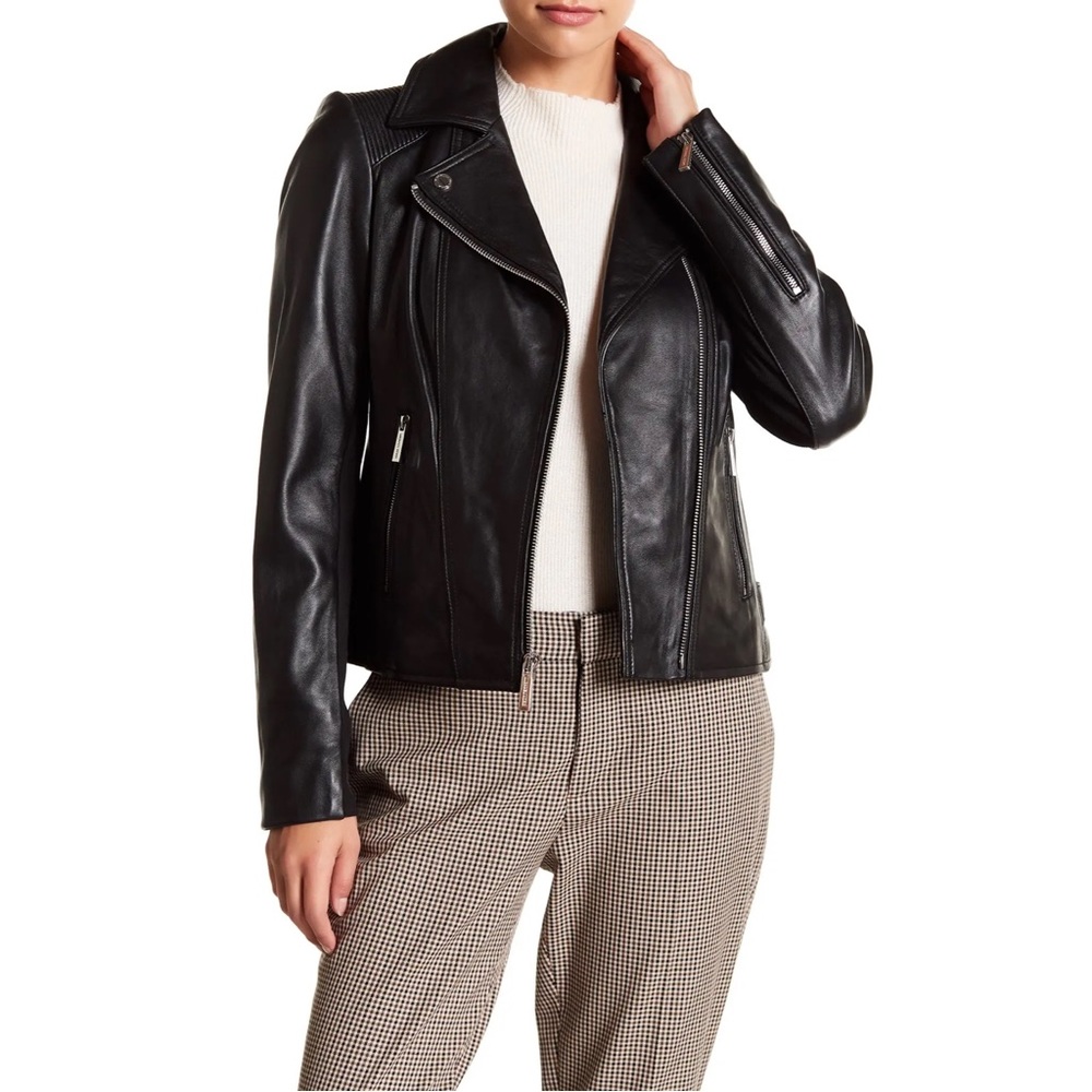 Michael Kors Leather Moto Jacket Black Zip Biker Goth - Picture 1 of 14